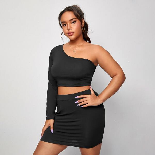 

Plus One Shoulder Top & Bodycon Skirt, Black