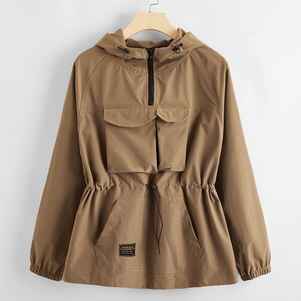 

Plus Drawstring Waist Half Zipper Hooded Jacket, Mocha brown