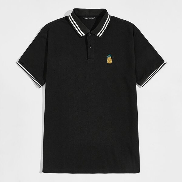 

Men Pineapple Print Striped Ringer Polo Shirt, Black