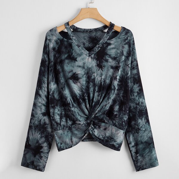 

Plus Tie Dye Cold Shoulder Twist Hem Tee, Navy blue