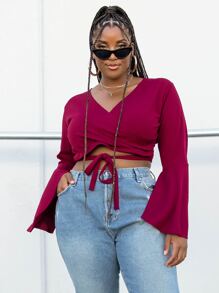 SHEIN Unity Plus Flounce Sleeve Wrap Front Knot Blouse - Burgundy - View 2