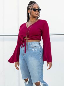 SHEIN Unity Plus Flounce Sleeve Wrap Front Knot Blouse - Burgundy - View 3