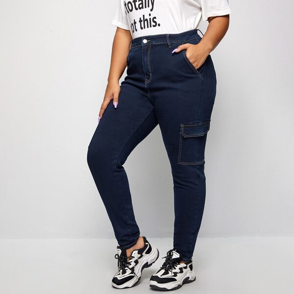 

Plus Contrast Stitch Flap Pocket Side Jeans, Dark wash