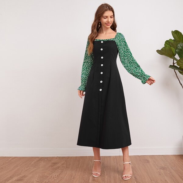 

Ditsy Floral Square Neck Button Front Combo Dress, Black