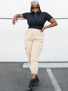 SHEIN EZwear Plus Elastic Waist Flap Pocket Cargo Trousers - Khaki - View 2