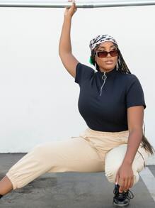 SHEIN EZwear Plus Elastic Waist Flap Pocket Cargo Trousers - Khaki - View 3