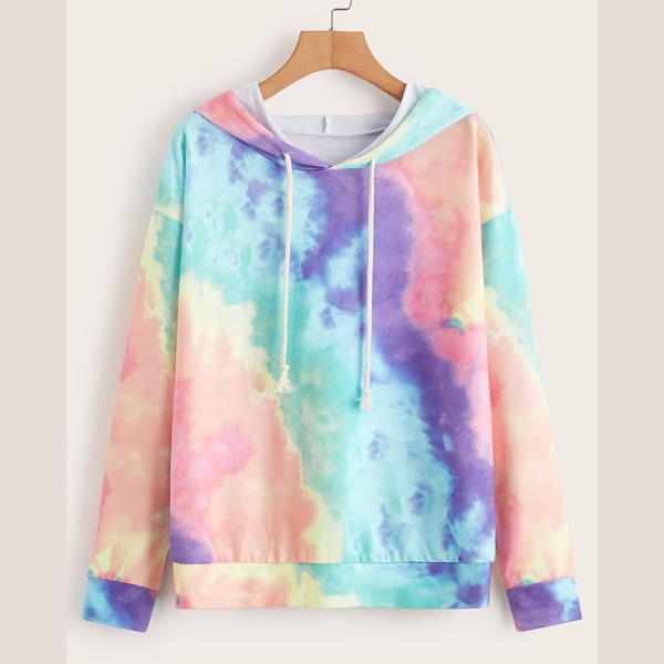 

Plus Tie Dye Drop Shoulder Drawstring Hoodie, Multicolor