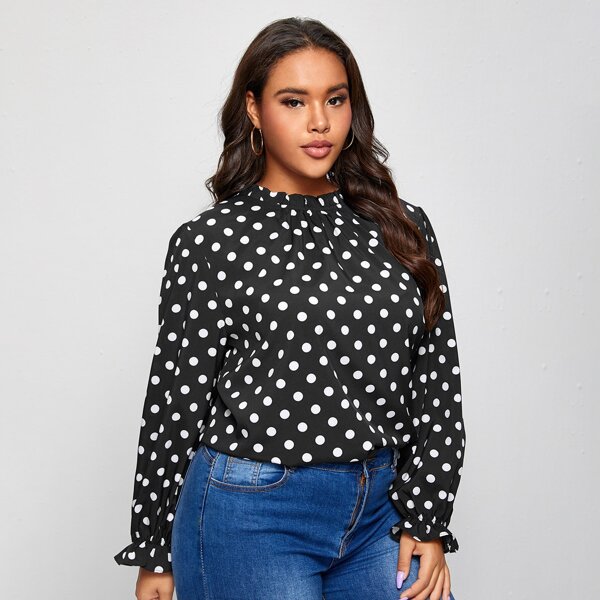 

Plus Frill Neck Polka Dot Flounce Sleeve Blouse, Black