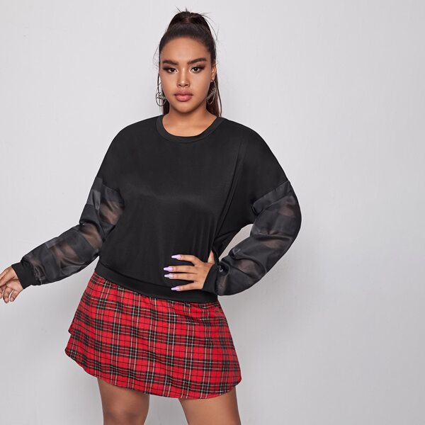 

Plus Contrast Mesh Drop Shoulder Sweatshirt, Black