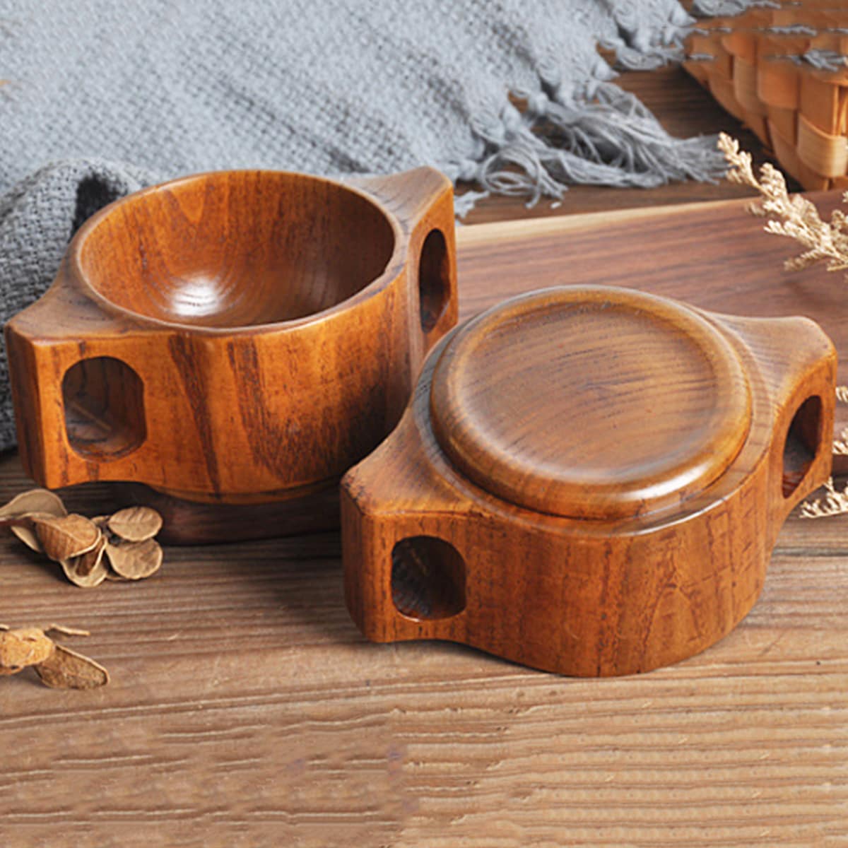 

1pc Wooden Tea Cup With Handle, Brown
