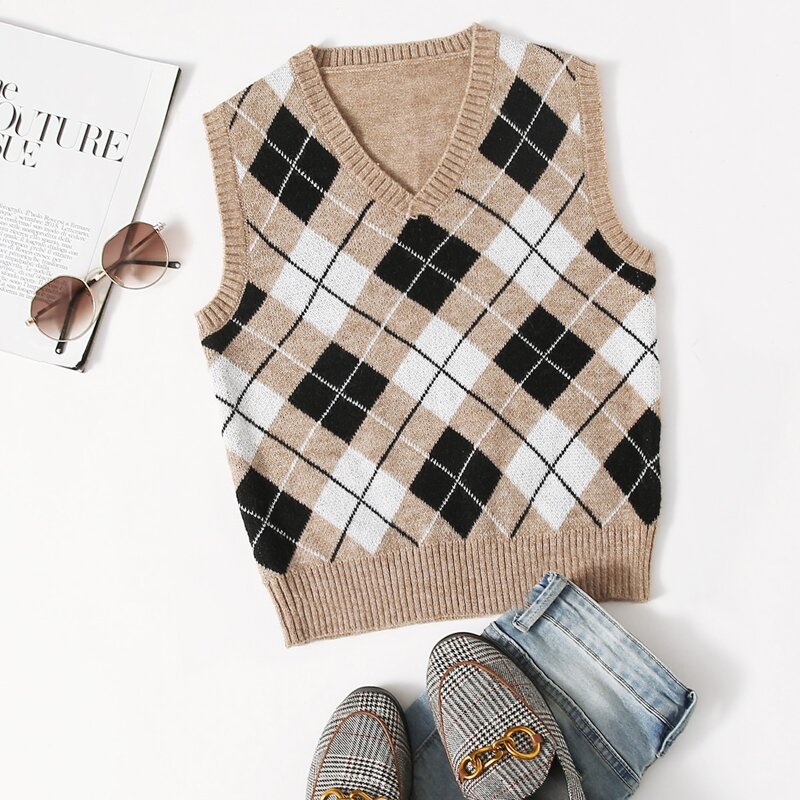 

V-neck Argyle Pattern Sweater Vest, Multicolor