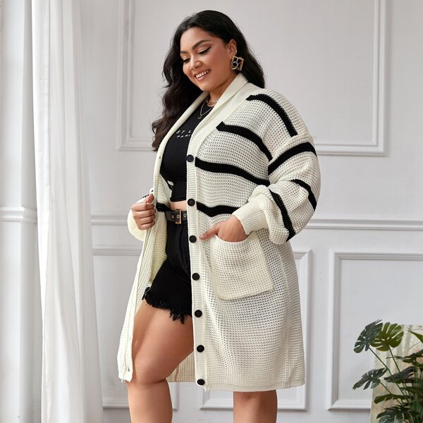 

Plus Striped Dual Pocket Drop Shoulder Cardigan, Beige