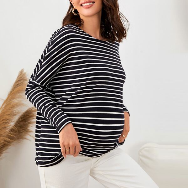 

Maternity Drop Shoulder Striped Tee, Black