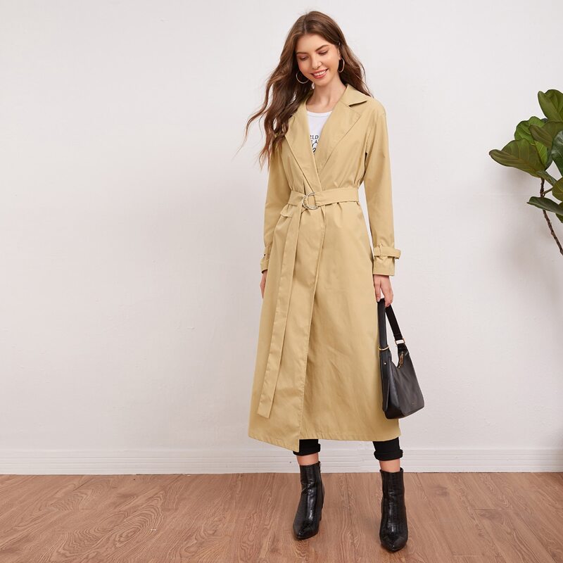 

Lapel Collar Self Tie Trench Coat, Khaki