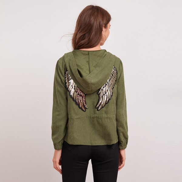

Contrast Sequin Wings Drawstring Waist Hooded Jacket, Army green