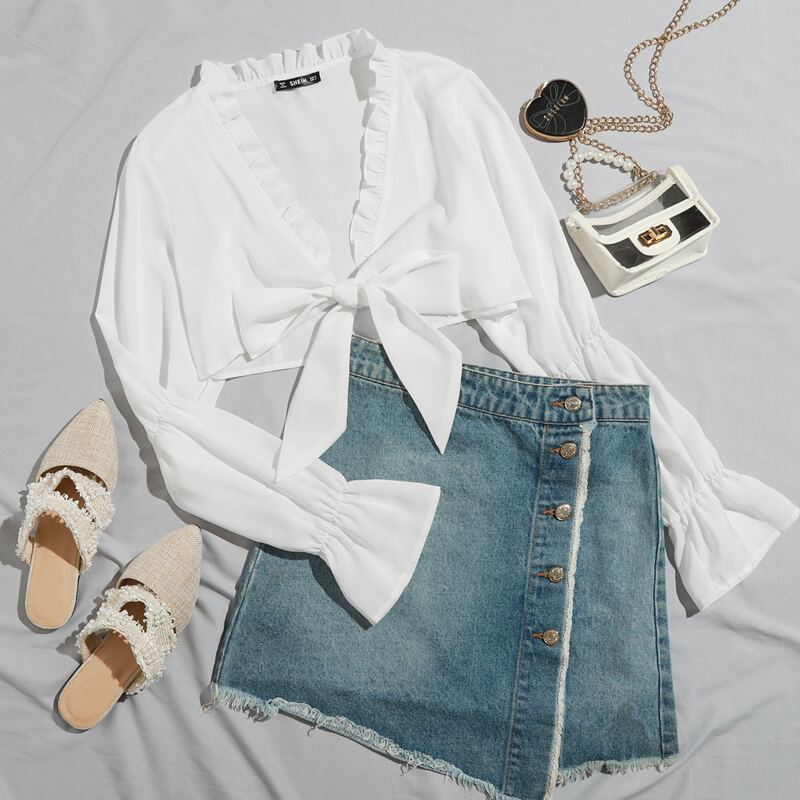 

Frill Trim Tie Front Gather Sleeve Crop Top, White