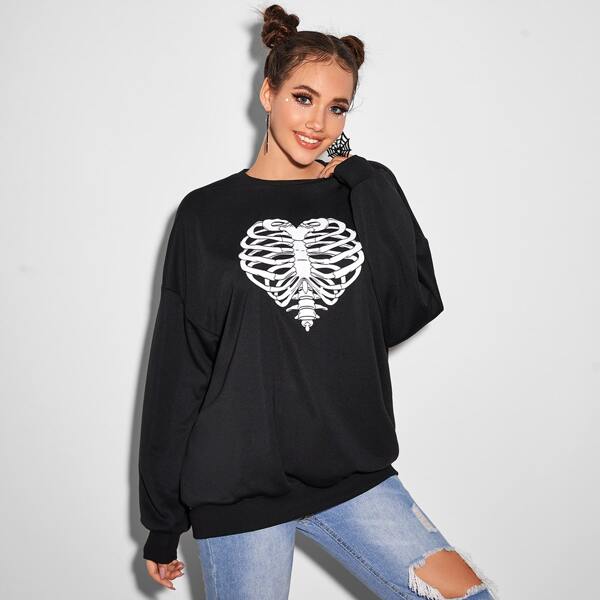 

Skeleton Print Drop Shoulder Sweatshirt, Black