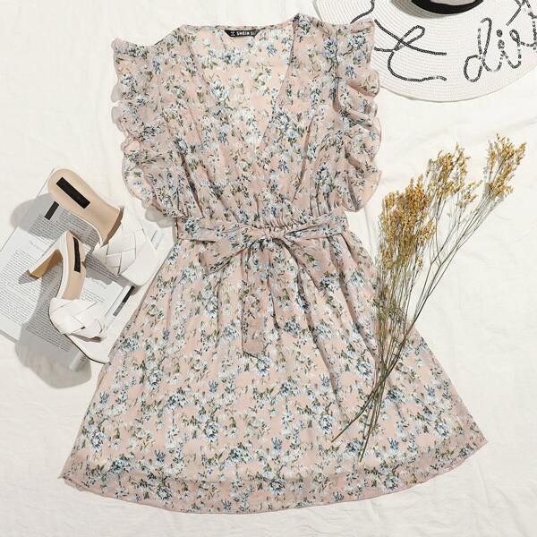 

Ruffle Armhole Belted Floral Print Dress, Multicolor
