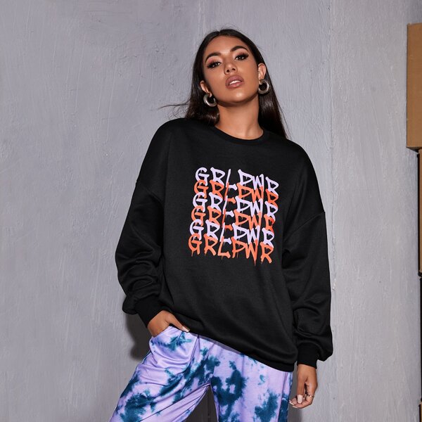 

Drop Shoulder Letter Graphic Sweatshirt, Black