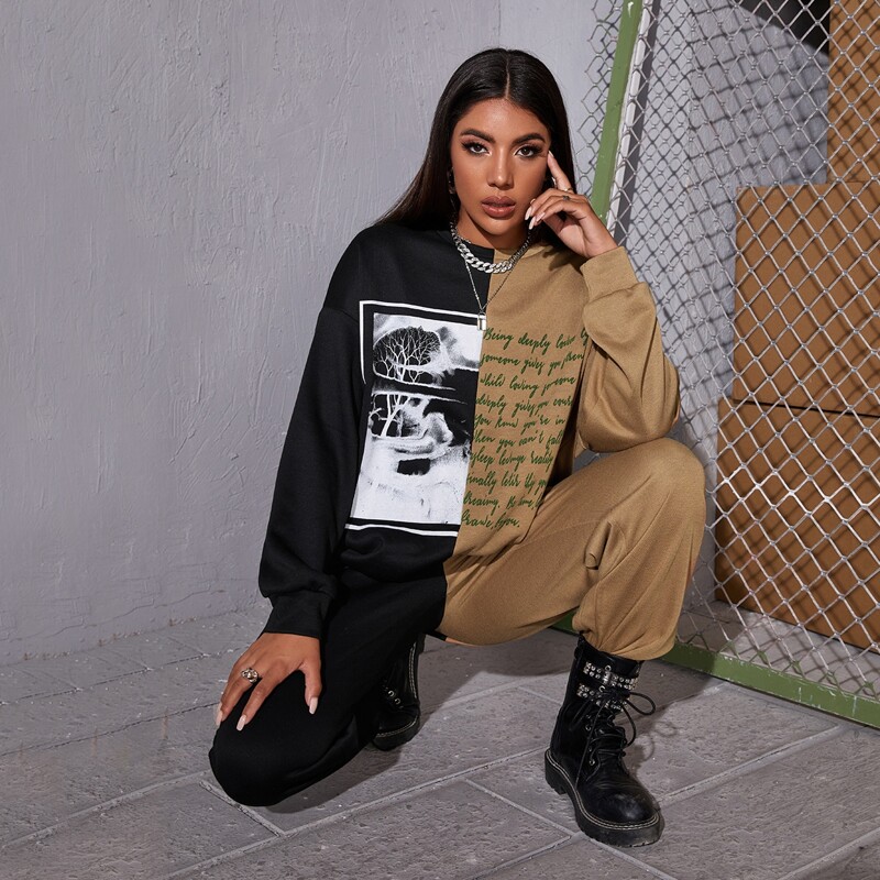 

Slogan Graphic Color Block Sweatshirt, Multicolor