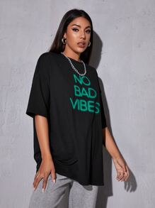 No Bad Vibes Graphic Oversized Tee - Black - View 4