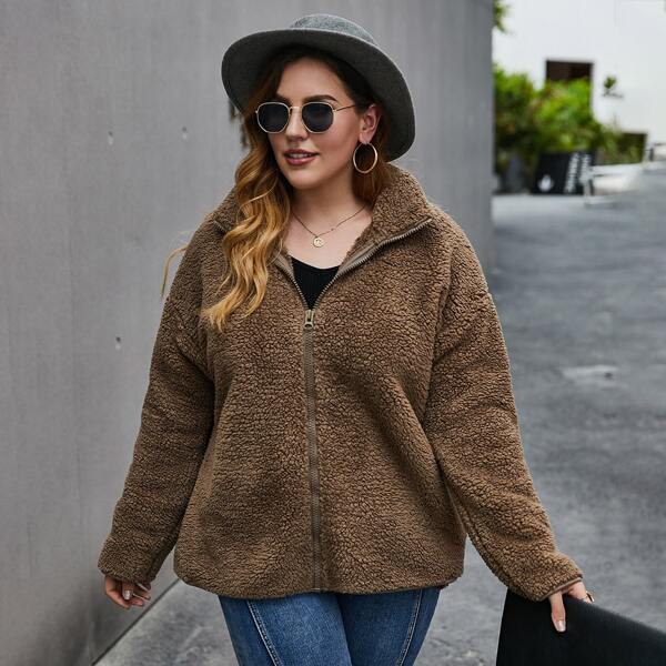 

Plus Zip Up Solid Teddy Coat, Chocolate brown