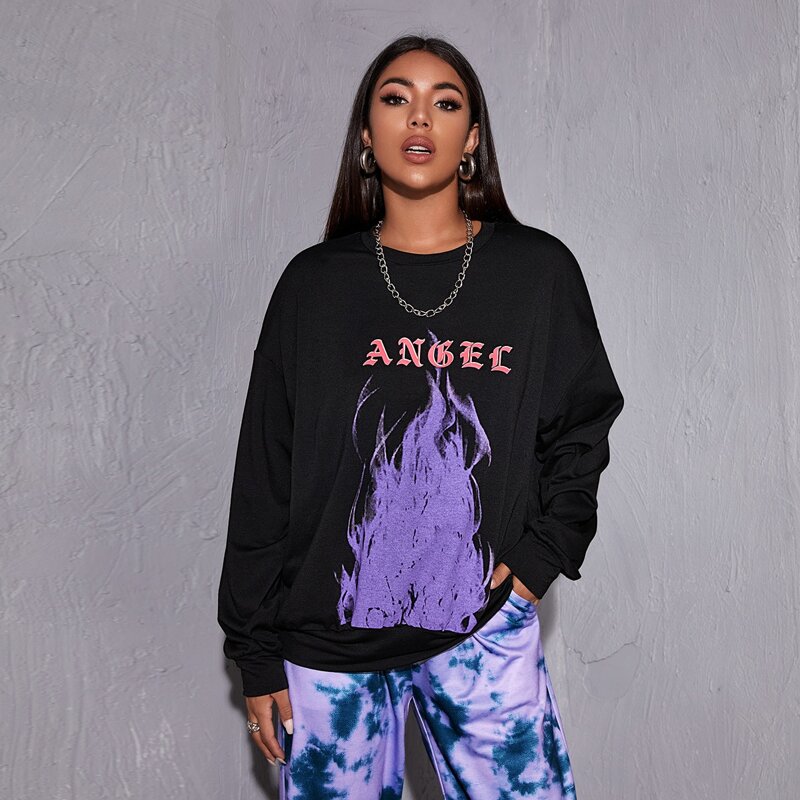 

Letter & Fire Print Drop Shoulder Sweatshirt, Black