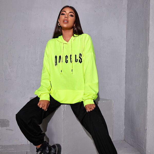 

Neon Lime Letter Graphic Drawstring Hoodie, Neon lime green
