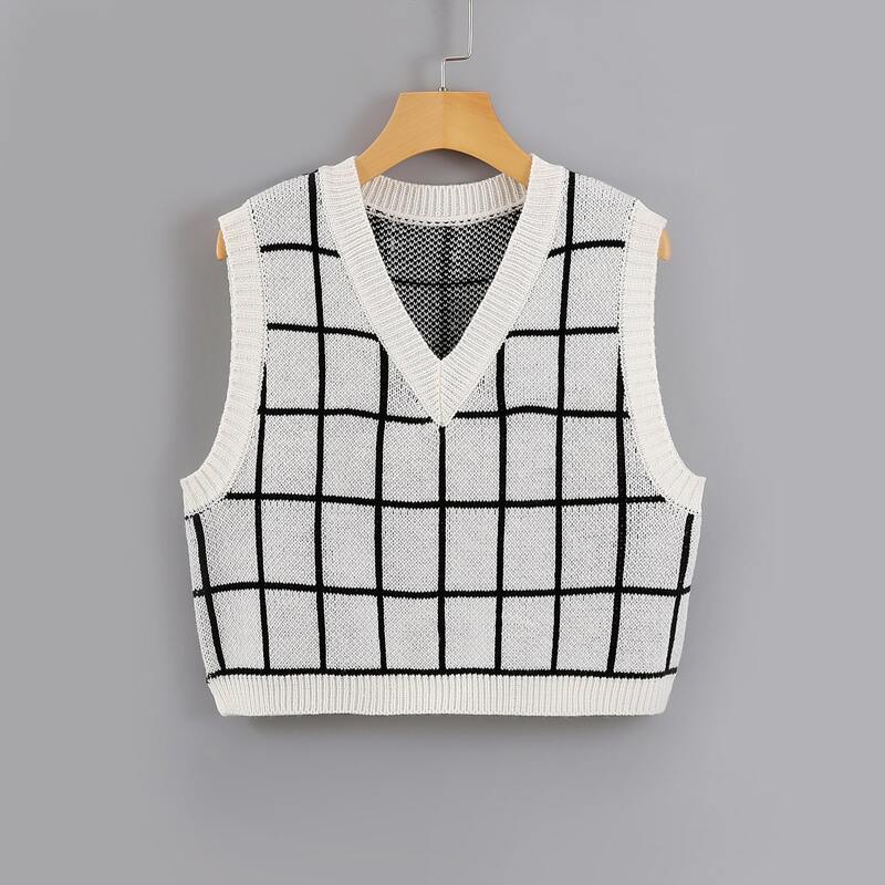 

V-neck Plaid Pattern Sweater Vest, White