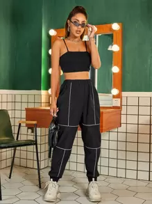 SHEIN Unity Contrast Reflective Piping Sweatpants Fall Cloth For Women - Black - View 4