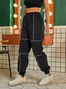 SHEIN Unity Contrast Reflective Piping Sweatpants Fall Cloth For Women - Black - View 6