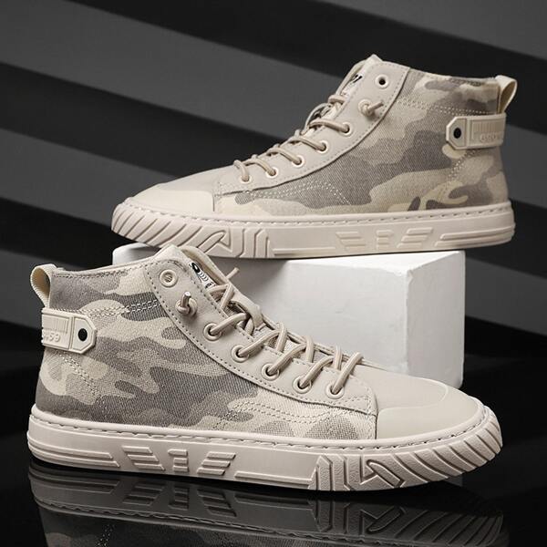 

Men Lace-up Front High Top Sneakers, Beige