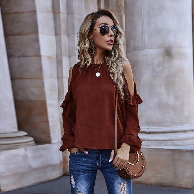 Solid Ruffle Trim Cold Shoulder Blouse, Maroon