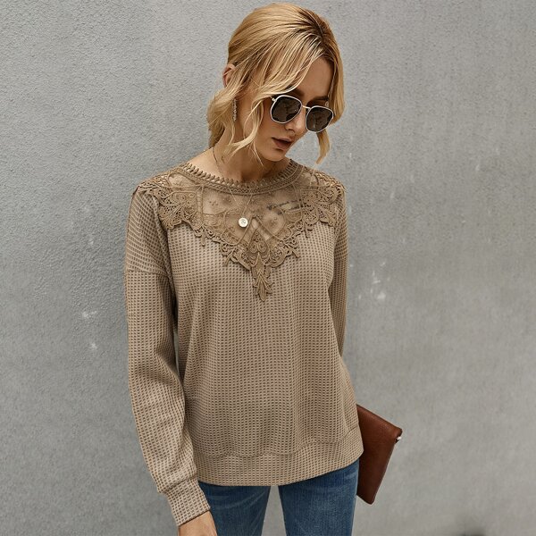 

Contrast Lace Drop Shoulder Sweatshirt, Camel