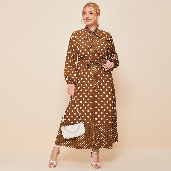 

Plus Tie Neck Lantern Sleeve Belted Polka Dot Shirt Dress, Brown