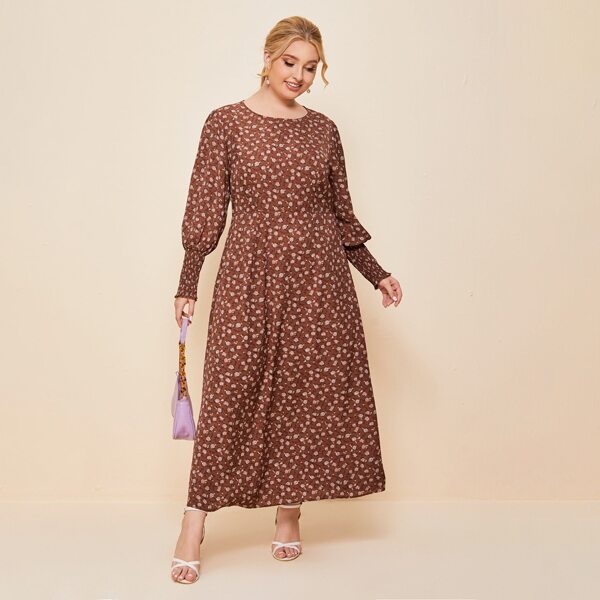

Plus Shirred Lantern Sleeve Ditsy Floral Dress, Redwood