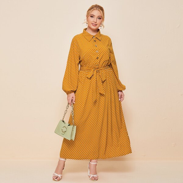 

Plus Lantern Sleeve Belted Polka Dot Shirt Dress, Mustard yellow