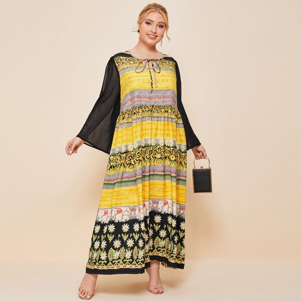 

Plus Floral Tie Neck Contrast Sleeve Maxi Dress, Multicolor
