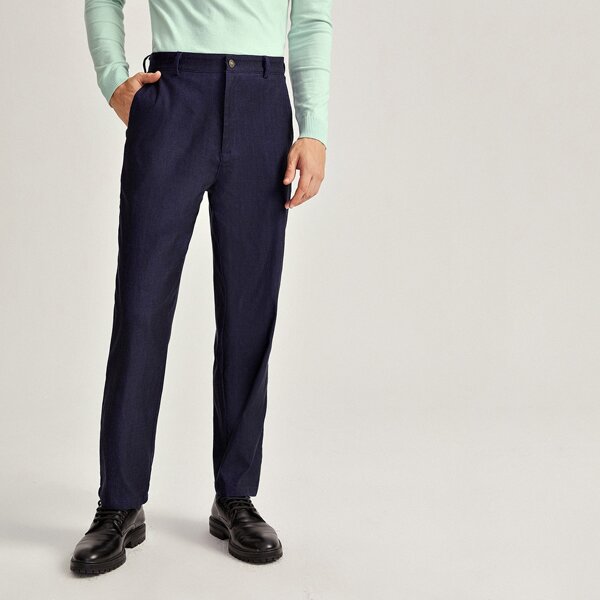 

Men Zipper Fly Solid Tailored Pants, Navy blue