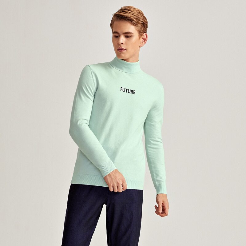 

Guys High Neck Letter Pattern Sweater, Pastel mint green