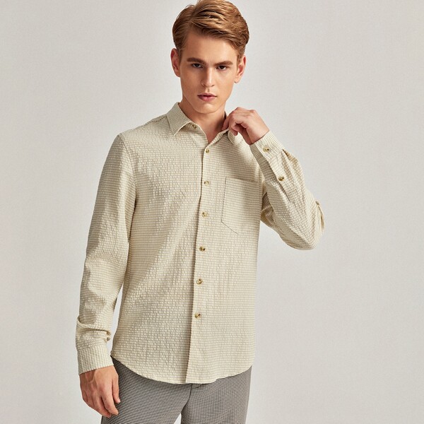 

Men Pocket Front Plaid Shirt, Khaki