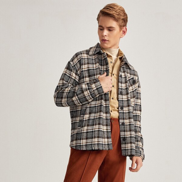 

Men Pocket Front Plaid Jacket, Multicolor