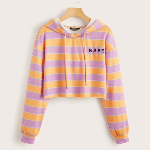 

Embroidered Letter Striped Drawstring Hoodie, Multicolor
