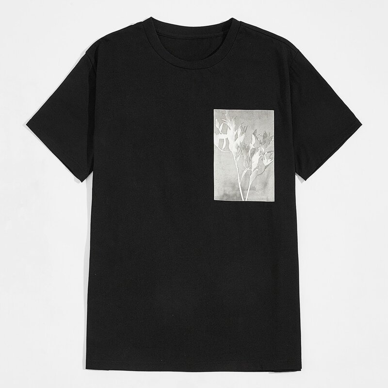 

Men Plants Print Crew Neck Tee, Black