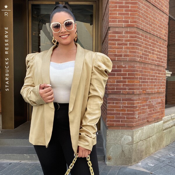 

Plus Shawl Collar Gigot Sleeve Blazer, Khaki