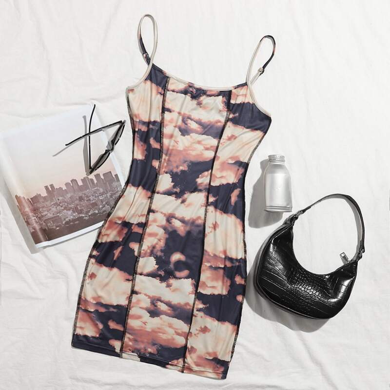 

Stitch Trim Cloud Print Bodycon Dress, Multicolor