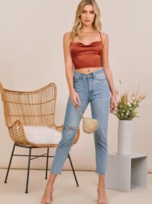 SHEIN BAE Lace-up Open Back Cowl Neck Satin Top - Burnt Orange - View 5