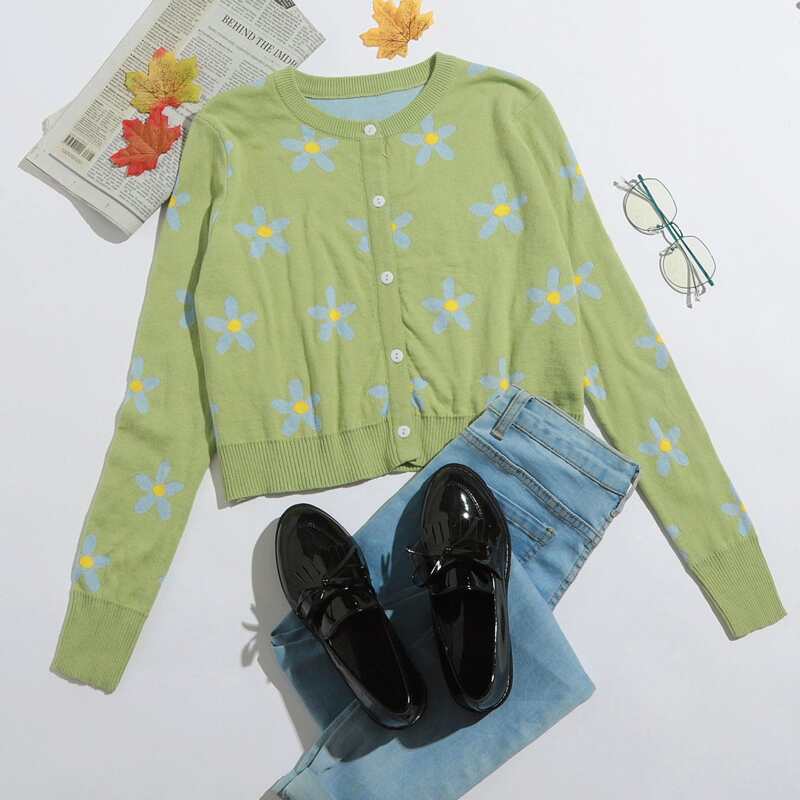 

Floral Pattern Button Front Cardigan, Lime green