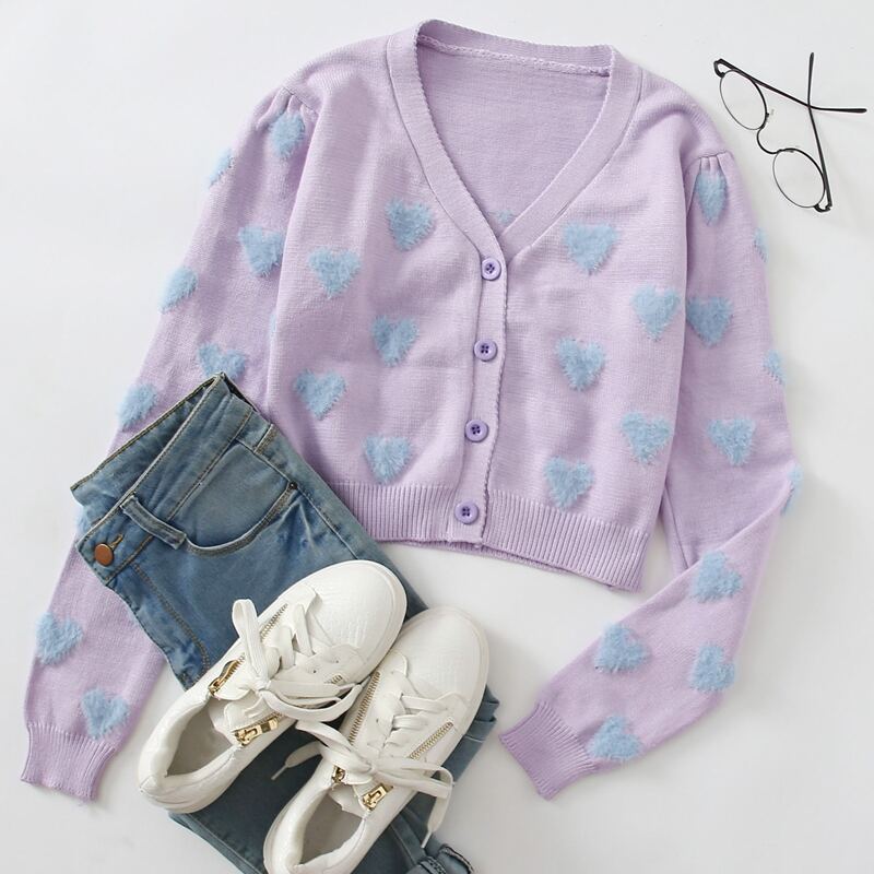 

Heart Pattern Puff Sleeve Button Front Cardigan, Lilac purple