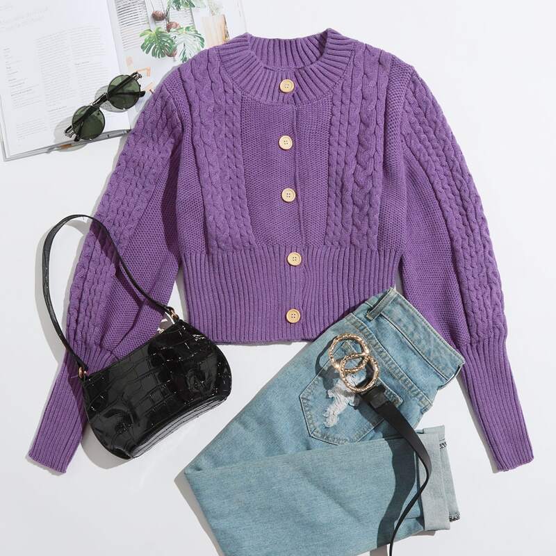 

Cable Knit Button Front Crop Cardigan, Violet purple